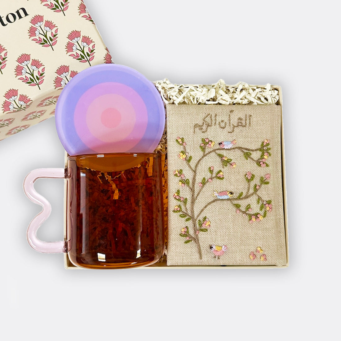Hand embroidered Quran, Borosilicate Glass Mug, and Spiral Coaster, shop the best ramadan gift gifts for her for him from Inna carton online store dubai, UAE!