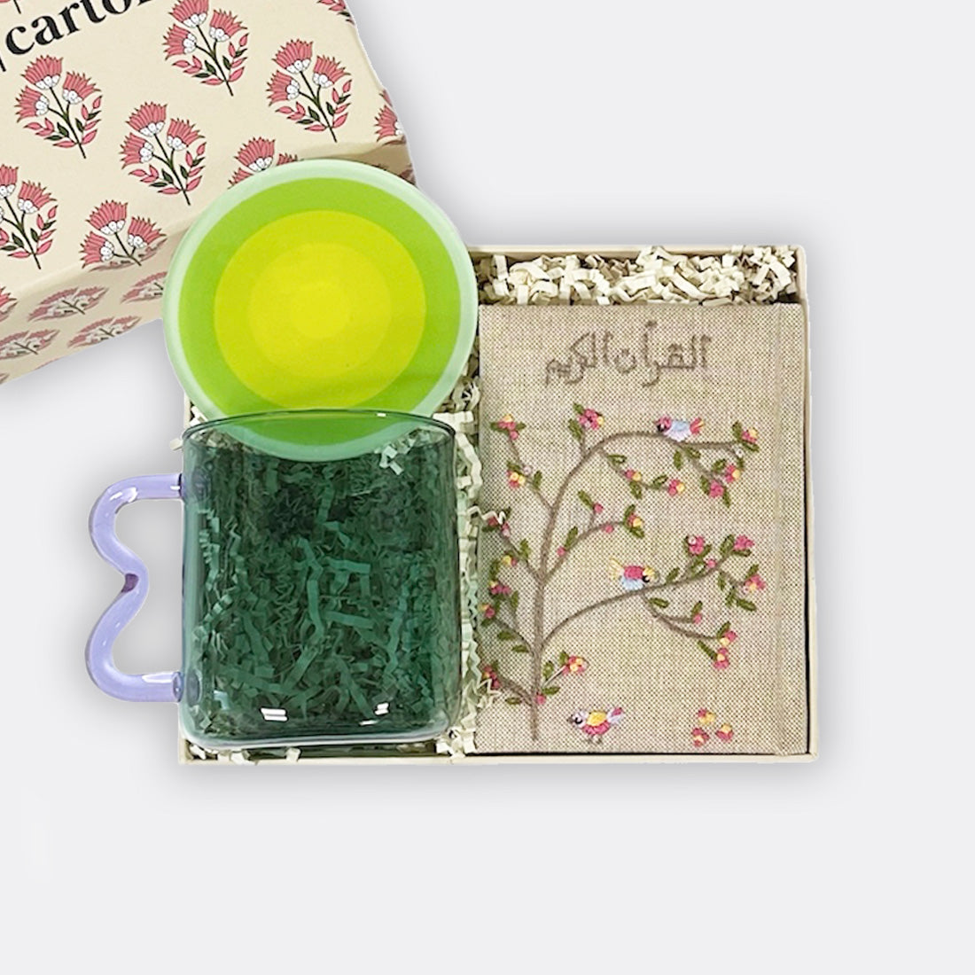  Hand embroidered Quran, Borosilicate Glass Mug, Spiral Coaster, shop the best ramadan gift gifts for her for him from Inna carton online store dubai, UAE!