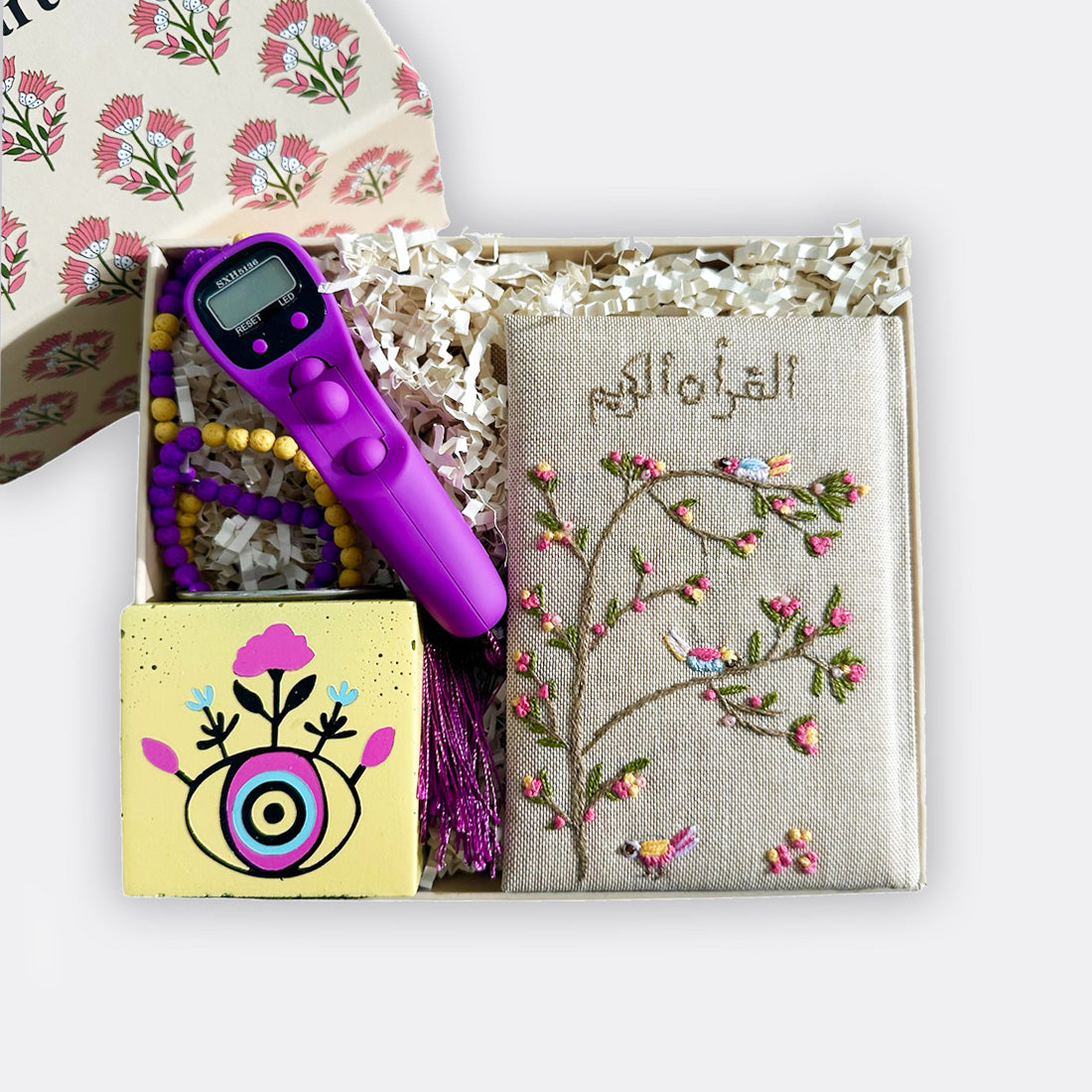Hand Embroidered Quran, Hand Painted Bird Mabkhara, Digital Counter Adorn With Natural Lava Stones, shop the best ramadan gift gifts for her for him from Inna carton online store dubai, UAE!