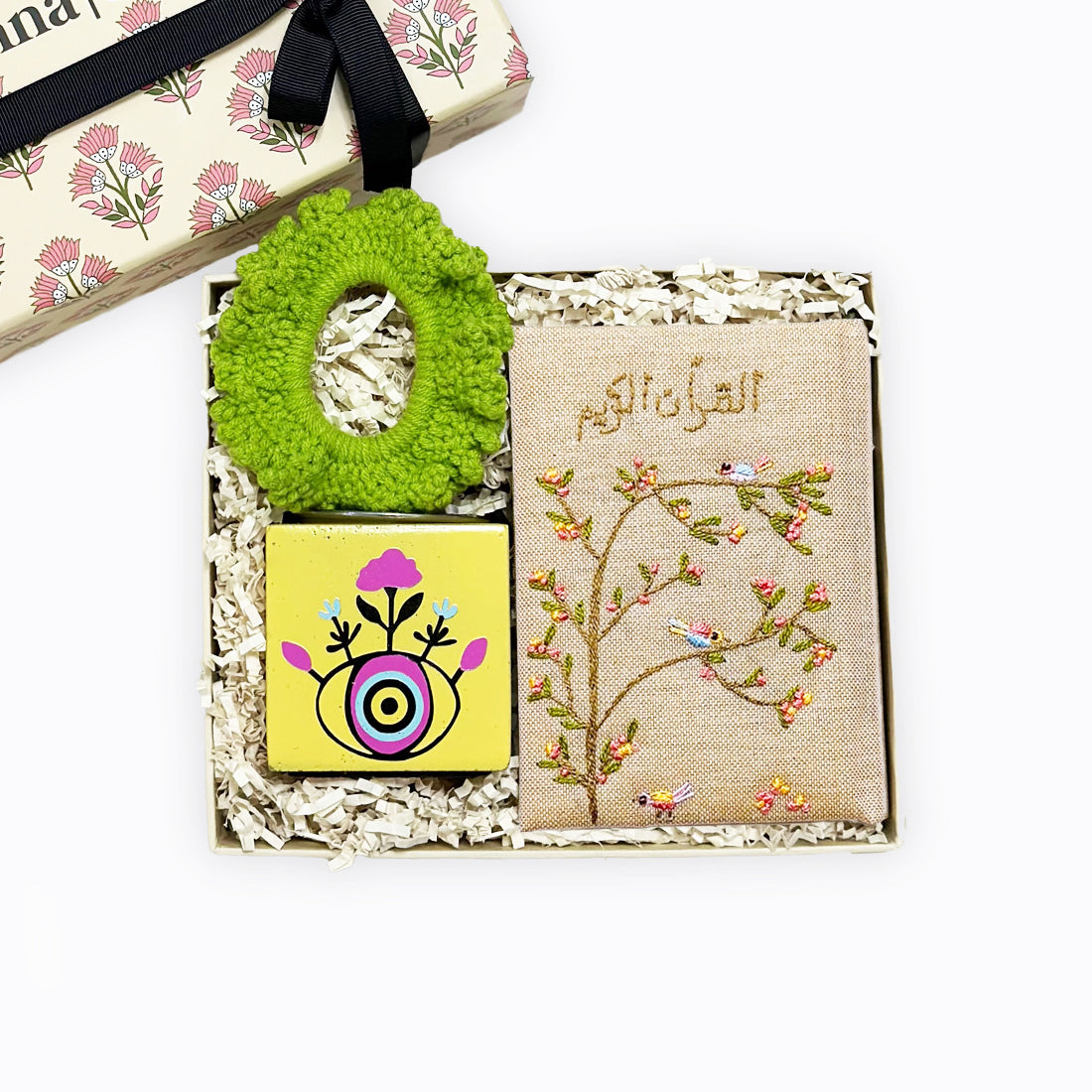 Moon Stars | Embroidered Quran Happy Eye Bakhour Burner Knitted Hair Scrunchy | Green