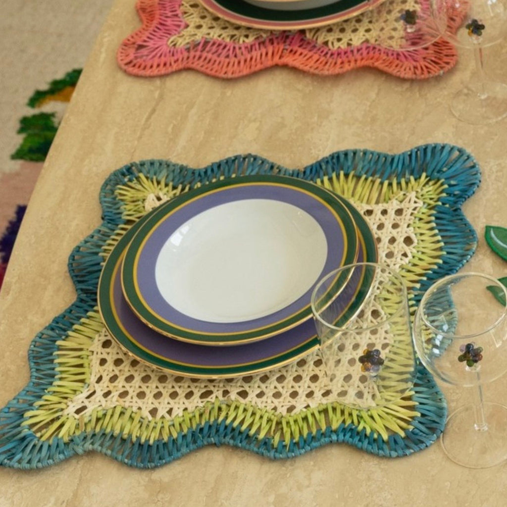 Scalloped Rattan Placemat Set of 2 | Blue & Green