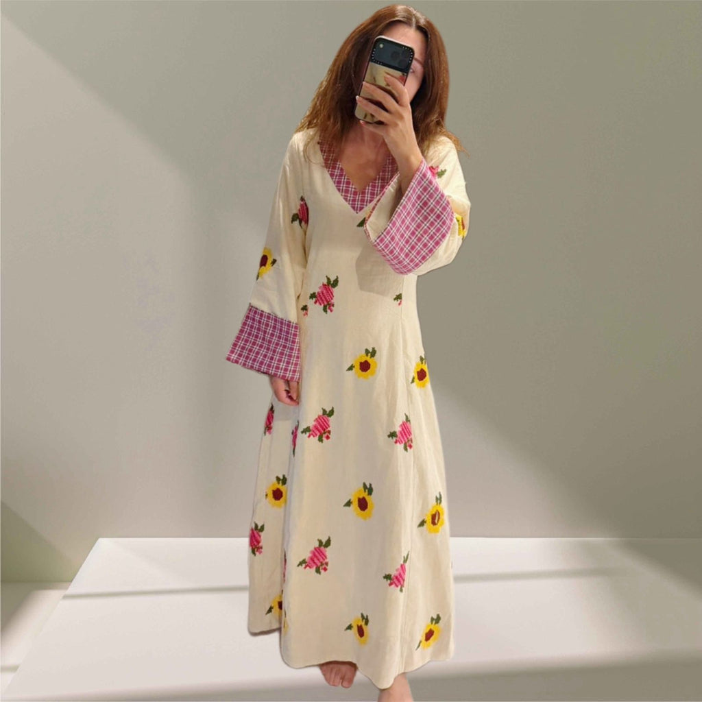 Sunflower Cross Stitch Linen Kaftan
