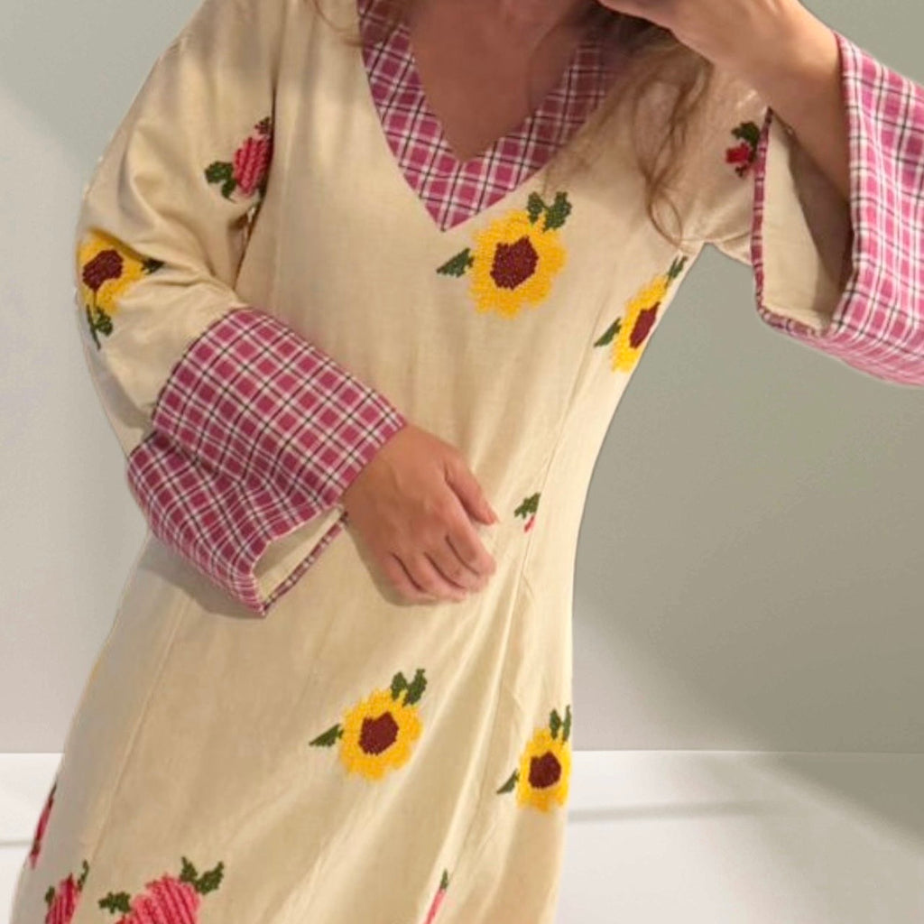 Sunflower Cross Stitch Linen Kaftan