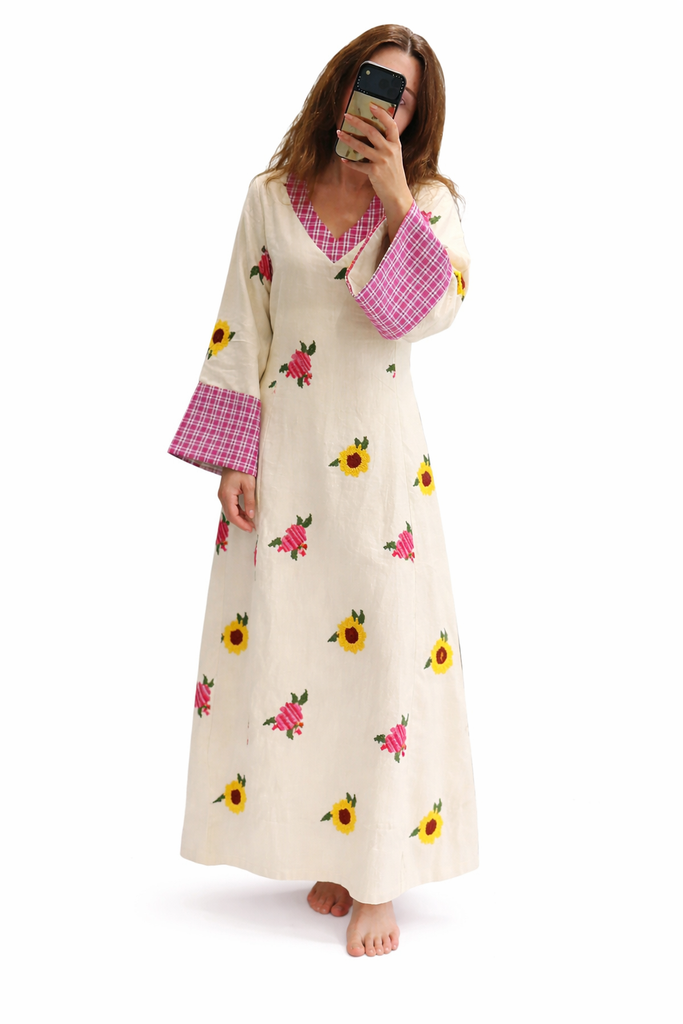 Sunflower Cross Stitch Linen Kaftan