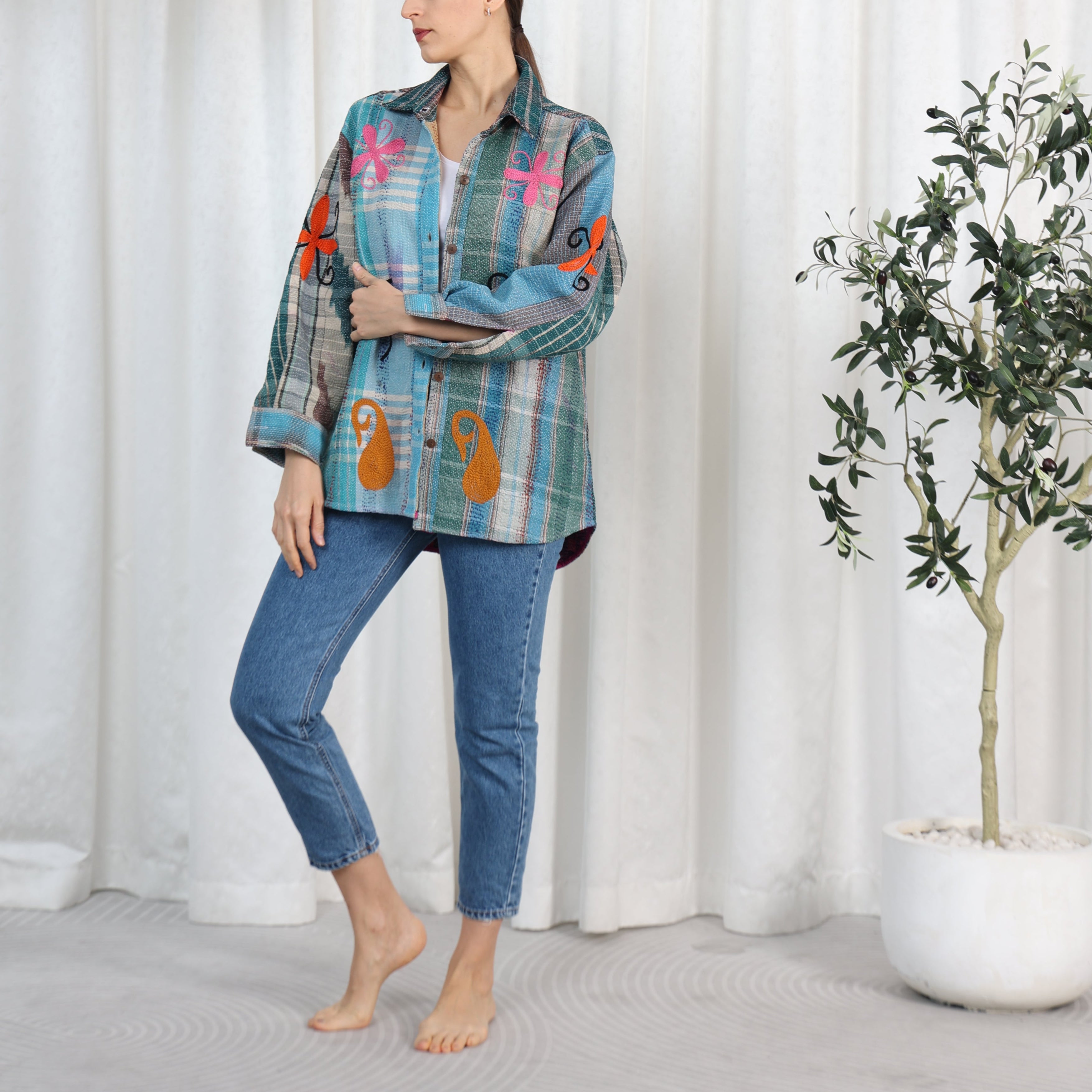 Arizona Embroidered Oversized Shirt Checkered Blue, the best ramadan customize gift and gifts for her and for him from Inna Carton online shop Dubai, UAE!
