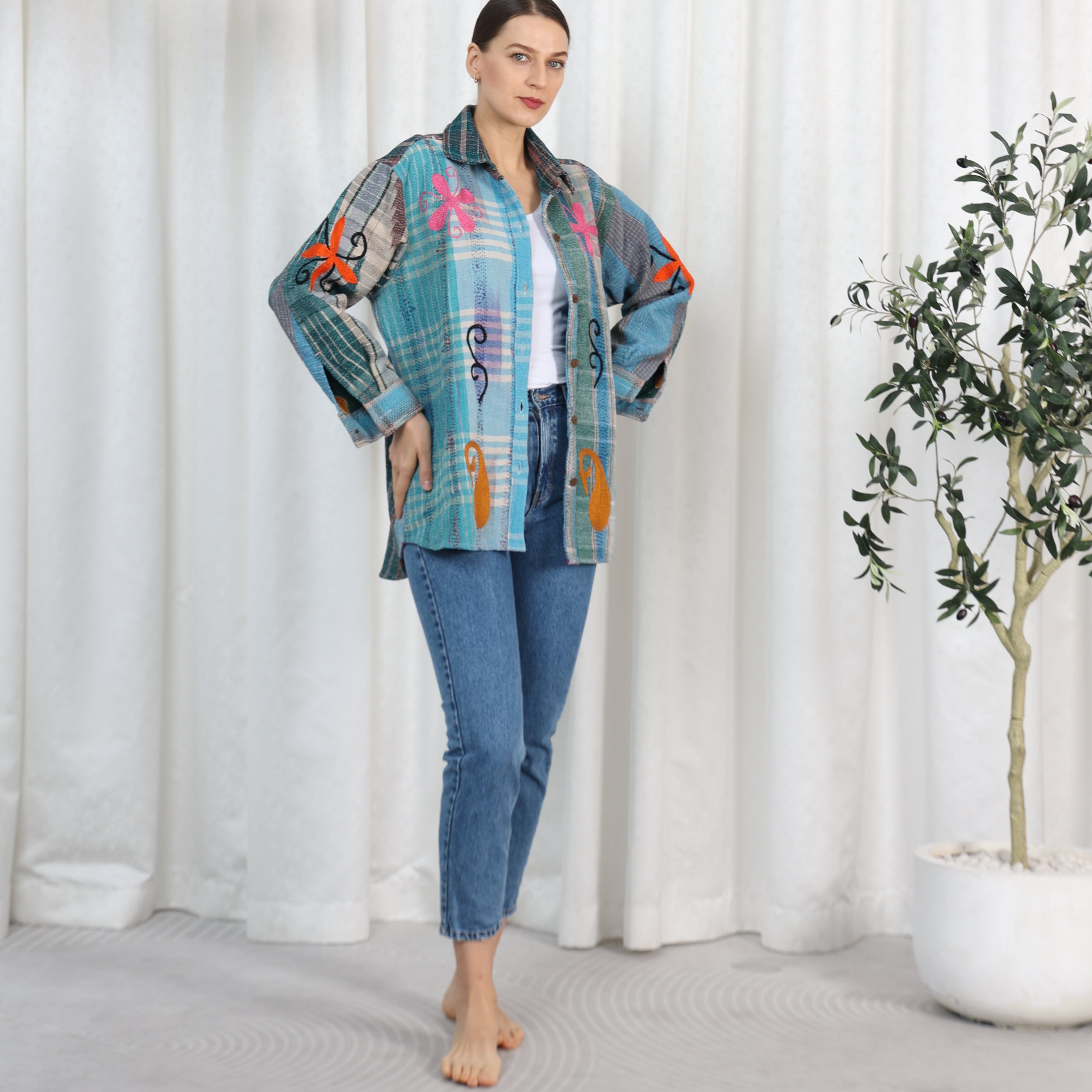 Arizona Embroidered Oversized Shirt Checkered Blue, the best ramadan customize gift and gifts for her and for him from Inna Carton online shop Dubai, UAE!