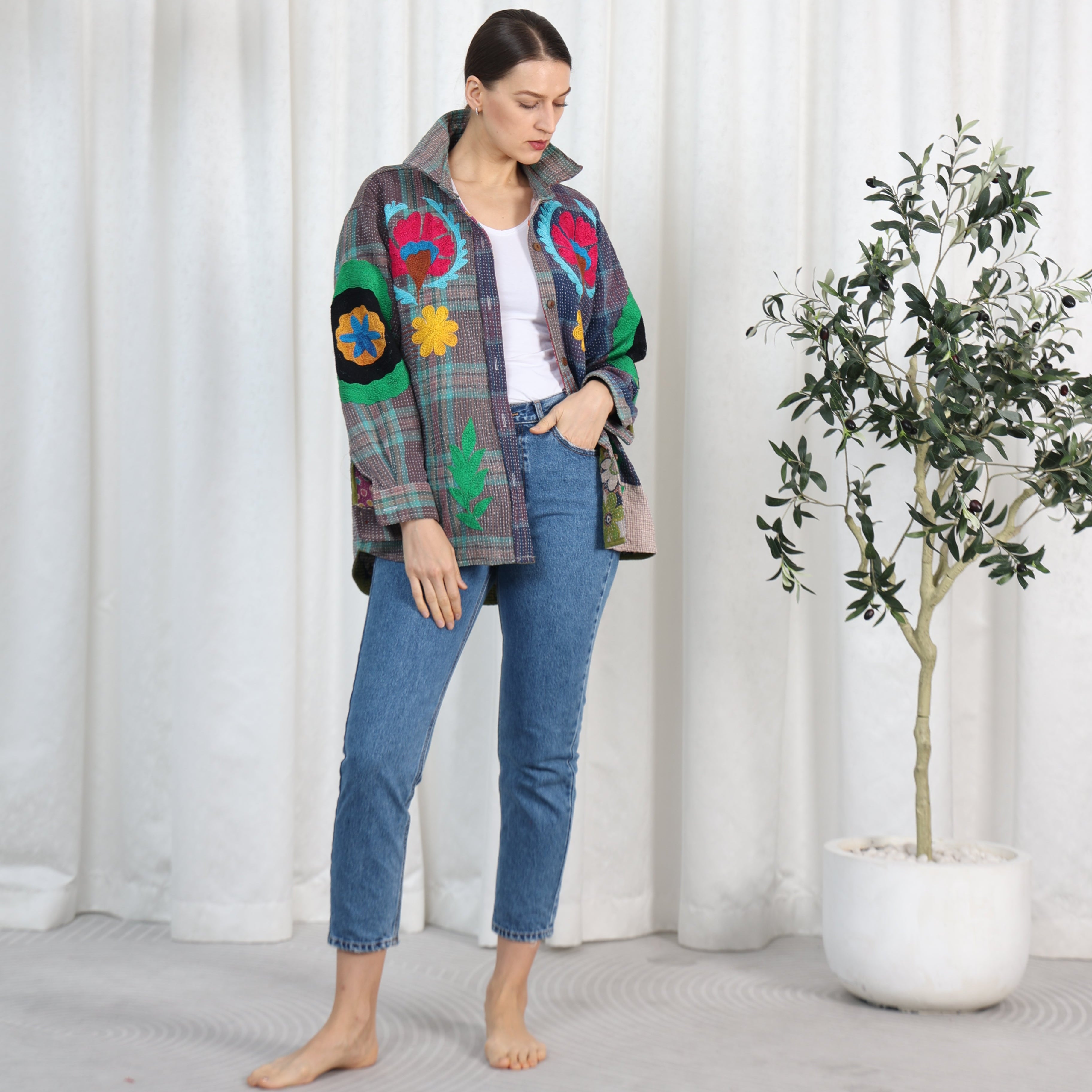 Arizona Embroidered Oversized Shirt Denim Blue, the best ramadan customize gift and gifts for her and for him from Inna Carton online shop Dubai, UAE!