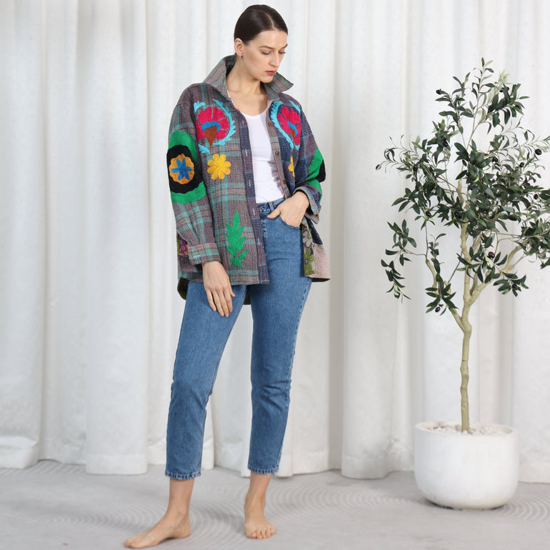 Arizona Embroidered Oversized Shirt Denim Blue, the best ramadan customize gift and gifts for her and for him from Inna Carton online shop Dubai, UAE!
