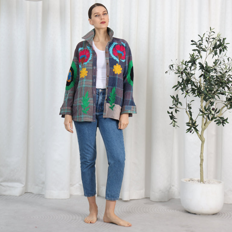 Arizona Embroidered Oversized Shirt Denim Blue, the best ramadan customize gift and gifts for her and for him from Inna Carton online shop Dubai, UAE!
