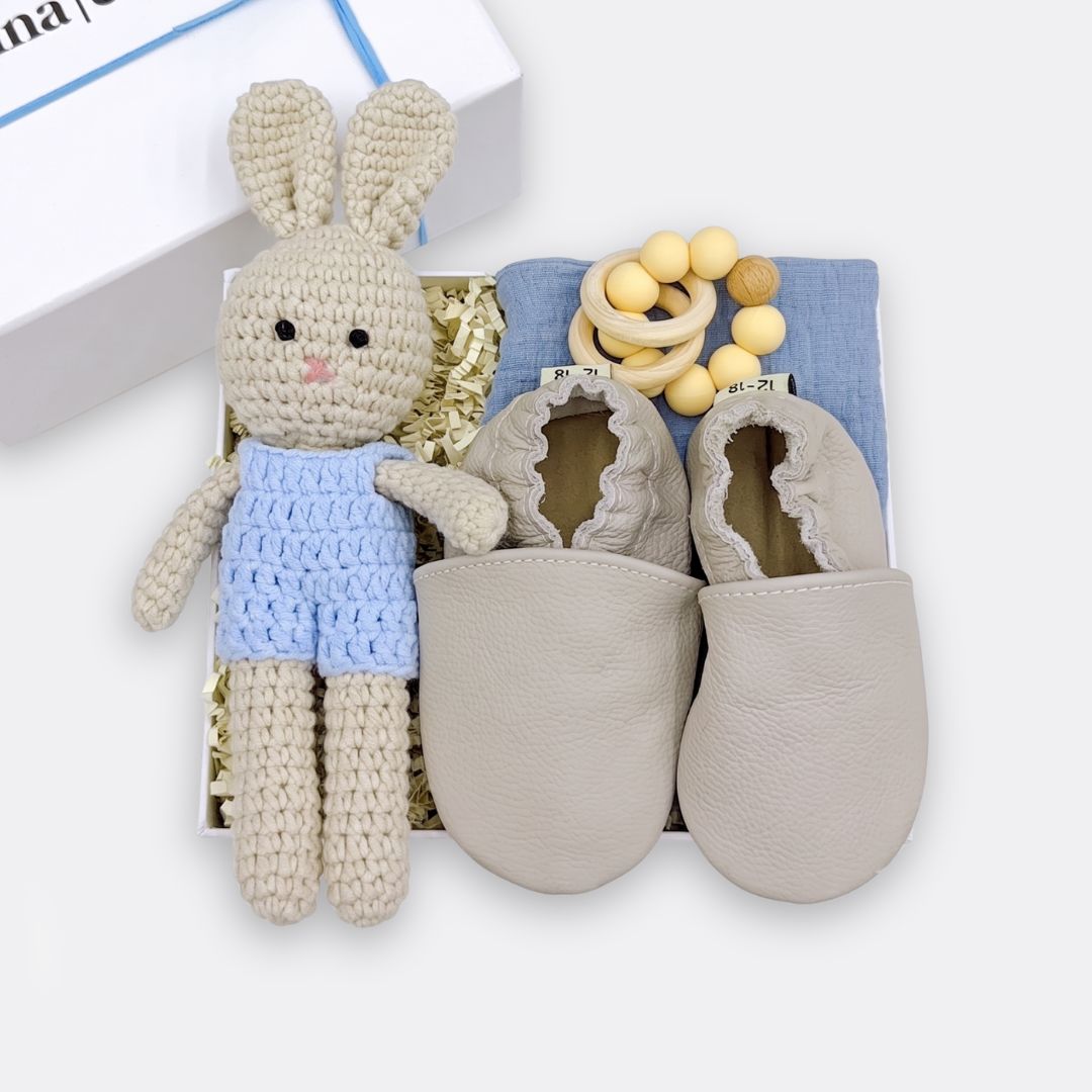 Crochet Bunny Stuffed Comforter Toy Blue, First Walker Grey Leather Shoes,
Muslin Cotton Blue, and 
Boule Wooden silicone Teether