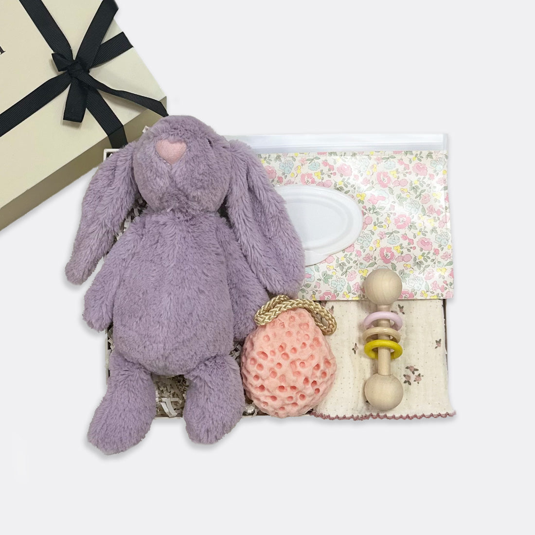 Hun Bun Soft Toy | Lavender Pink Sponge Cottage Chic Muslin Square Wooden Rattle Wet Wipe Pouch | Floral, shop the best Christmas gift gifts for her for him from Inna carton online store dubai, UAE!