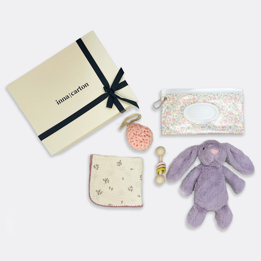 Hun Bun Soft Toy | Lavender Pink Sponge Cottage Chic Muslin Square Wooden Rattle Wet Wipe Pouch | Floral, shop the best Christmas gift gifts for her for him from Inna carton online store dubai, UAE!