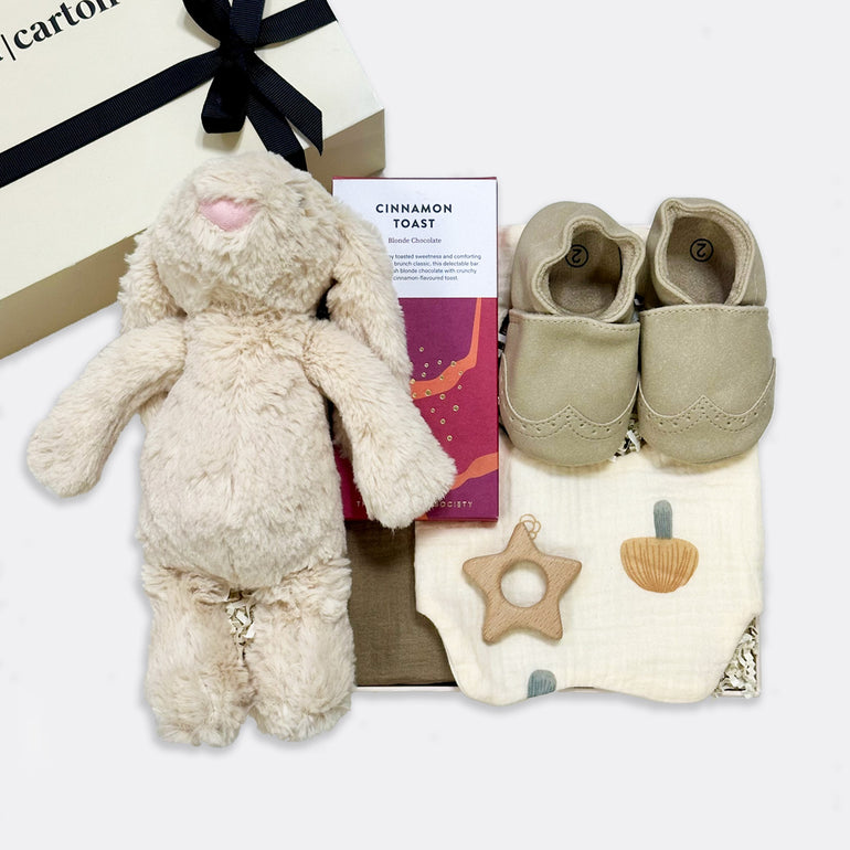 Hun Bun Soft toy | Cream Cinnamon Toast Blonde Chocolate Bar Muslin Cotton Square | Grey My Moccasin | Off-white (fits from birth up to 12 months) Mushroom Bib Twinkle Teether, shop the best Christmas gift gifts for her for him from Inna carton online store dubai, UAE!