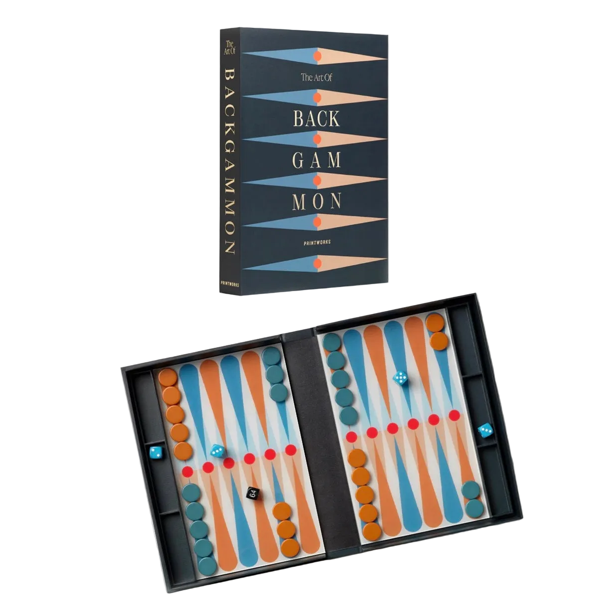 Backgammon set with pieces and board layout, featuring a branded box.