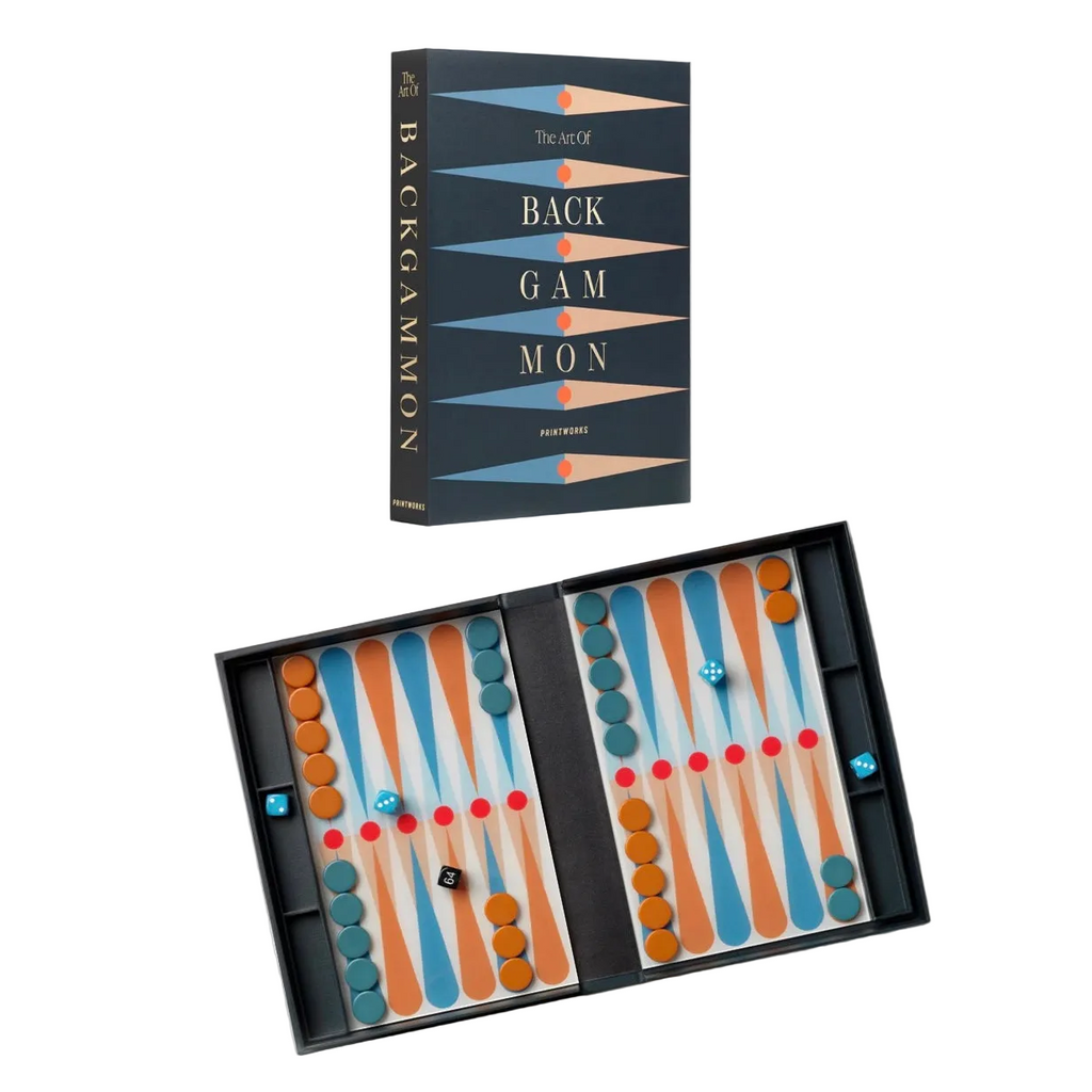 Backgammon set with pieces and board layout, featuring a branded box.