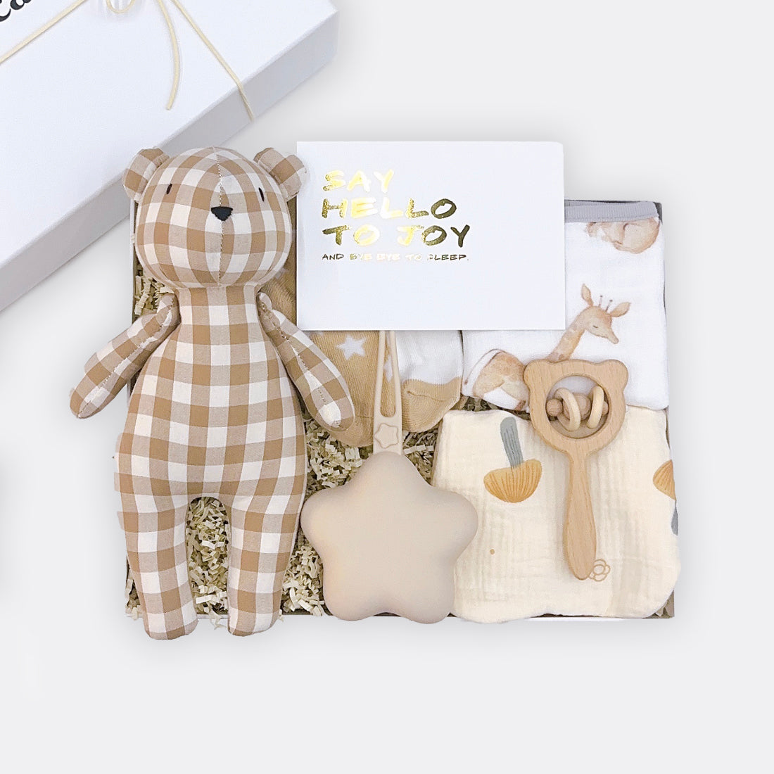 Checkered Teddy Dreamy Pacifier Case Bear Wooden Rattle Mushroom Bib 2 Nudes Baby Socks Muslin Square Animal Print, the best customized gift and gifts for her and for him from Inna Carton online shop Dubai, UAE!