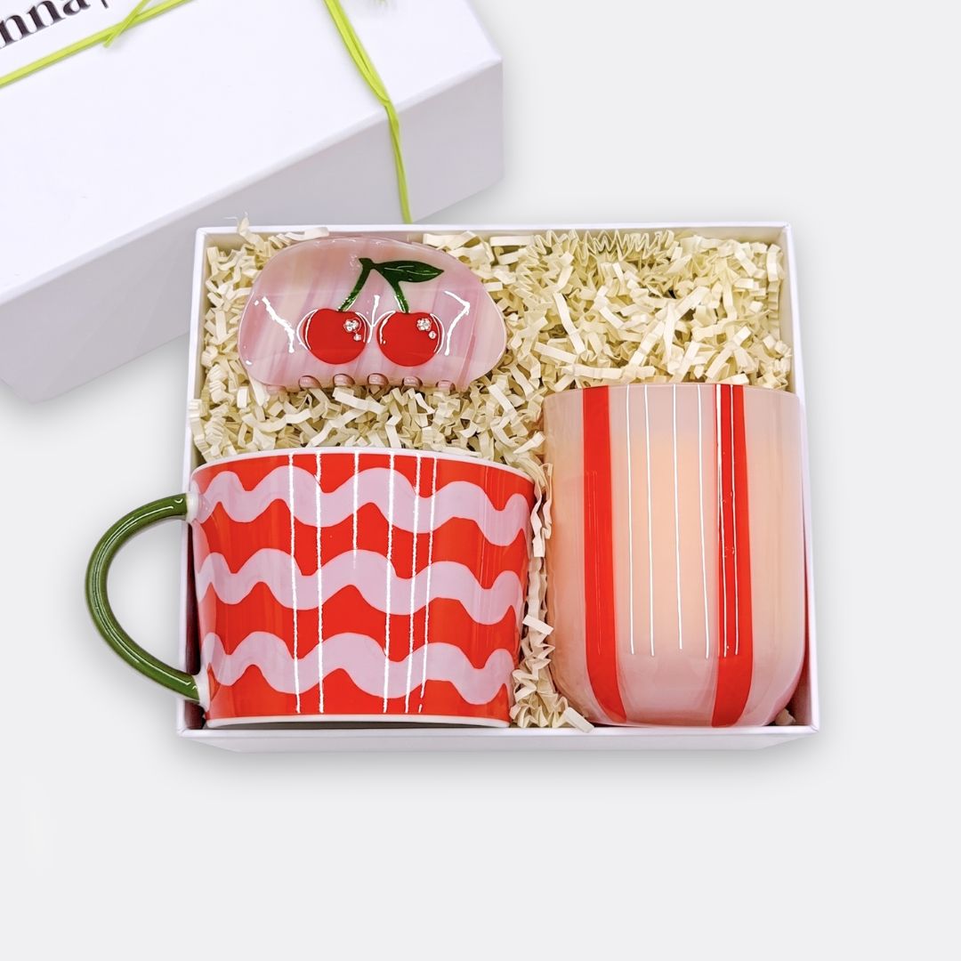 Sun Porcelain Mug, Retro Cherry Hair Claw Clip Pink, Atina Glass Candle Soy Wax Orange Blossom Basil, the best customized gift and gifts for her and for him from Inna Carton online shop Dubai, UAE!
