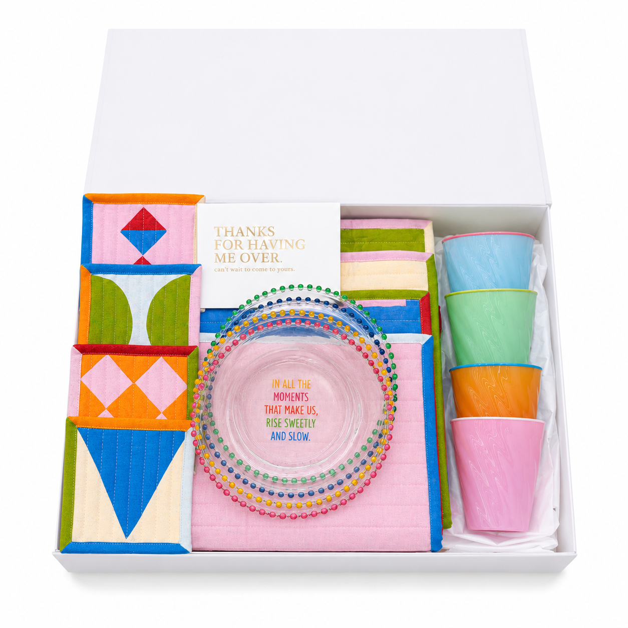Sweet Moments Glass Plates Cosy Shine Glass Plates Cotton Placemat Stitch Cotton Coaster Stitch Glow Glasses Set, the best customized gift and gifts for her and for him from Inna Carton online shop Dubai, UAE!
 
