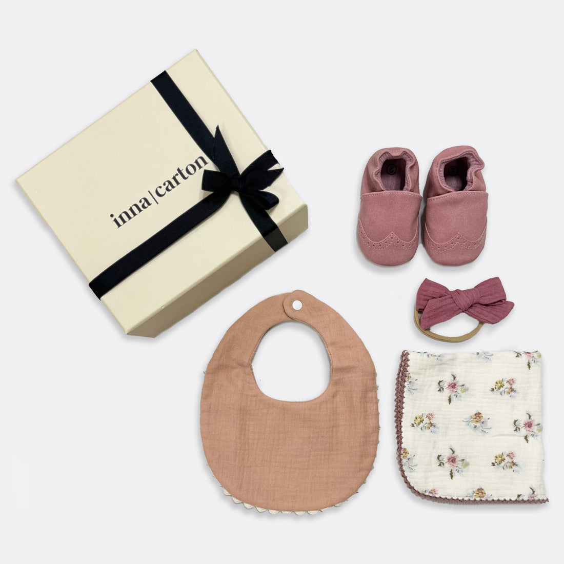 My Moccasin | Rose (from birth up to 12 months) Scallop Bib | Bois de Rose Double-sided Baby Headband- Pink Rose Cottage Chic Muslin Square, shop the best Christmas gift gifts for her for him from Inna carton online store dubai, UAE!