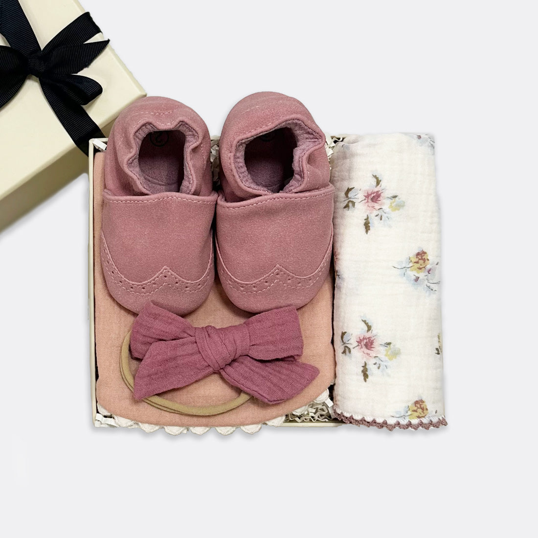 My Moccasin | Rose (from birth up to 12 months) Scallop Bib | Bois de Rose Double-sided Baby Headband- Pink Rose Cottage Chic Muslin Square, shop the best Christmas gift gifts for her for him from Inna carton online store dubai, UAE!