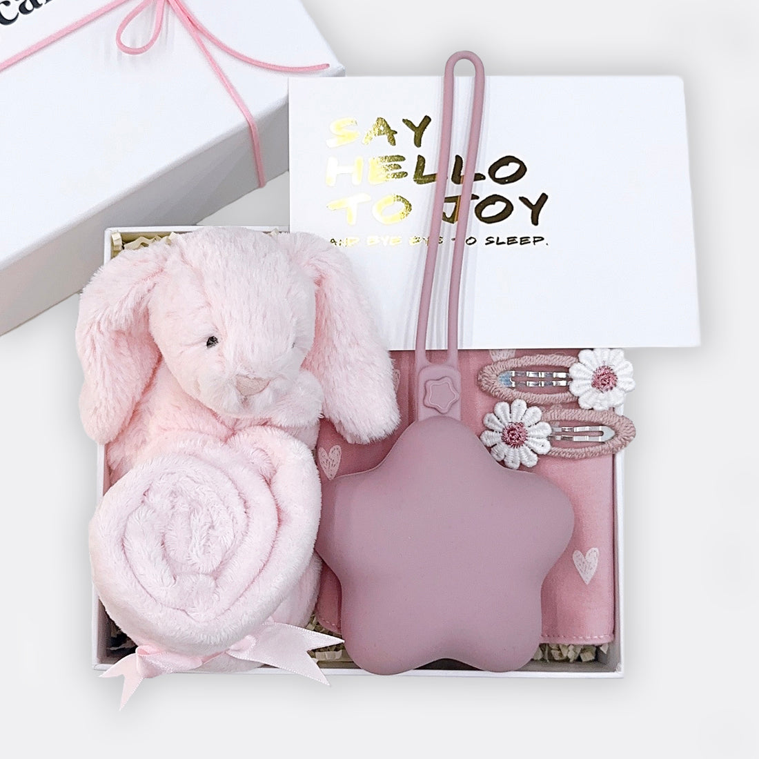 Bashful Bunny Soother Dreamy Pacifier Case Pink Hearty Bib Crochet Daisy Clips Set, the best customized gift and gifts for her and for him from Inna Carton online shop Dubai, UAE! 