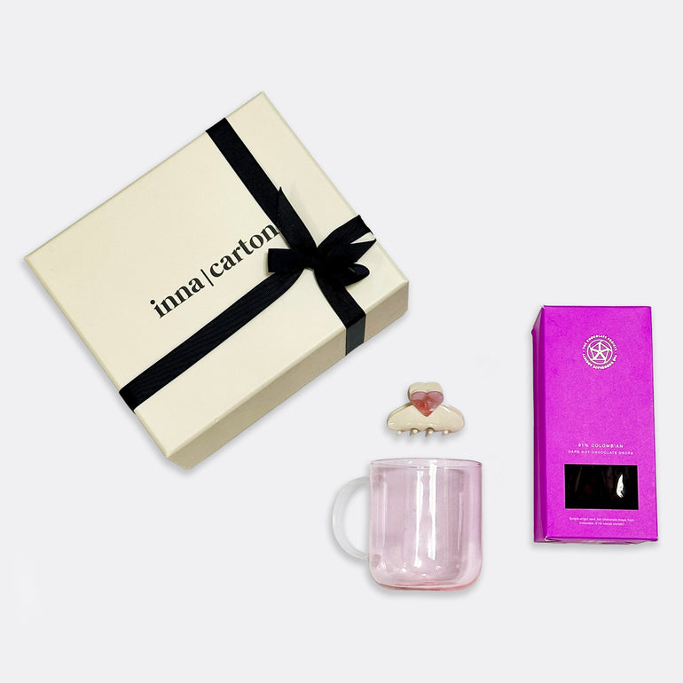 Glass Mug | Soft Pink Mini Love Hair Clip | Pink Dark Hot Chocolate Drops, shop the best Christmas gift gifts for her for him from Inna carton online store dubai, UAE!