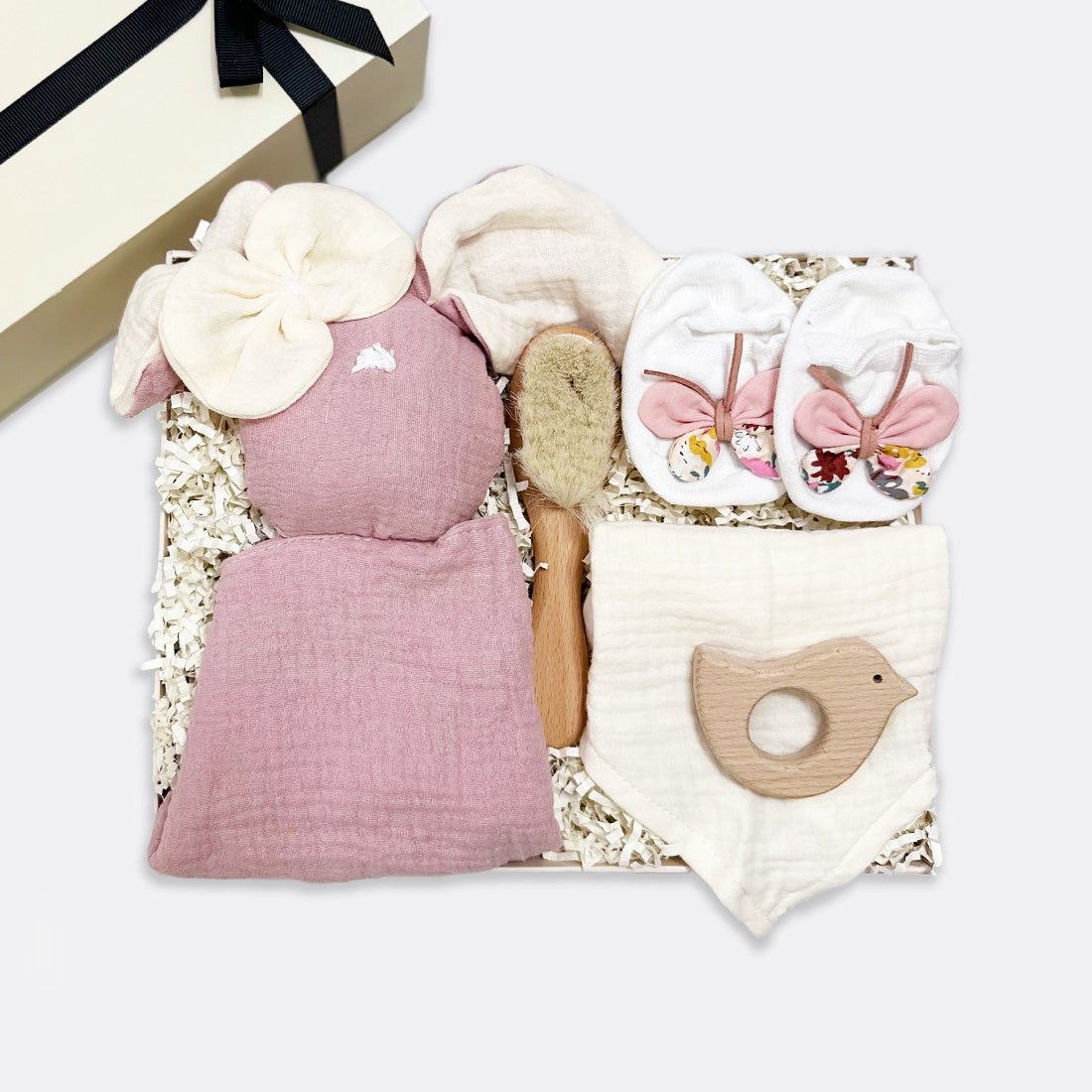 Soft Bunny |Pink Baby Brush Bandana Style Bib | Off-White Bird Teether Bow Socks | Floral (from birth up to 9 months), shop the best Christmas gift gifts for her for him from Inna carton online store dubai, UAE!
