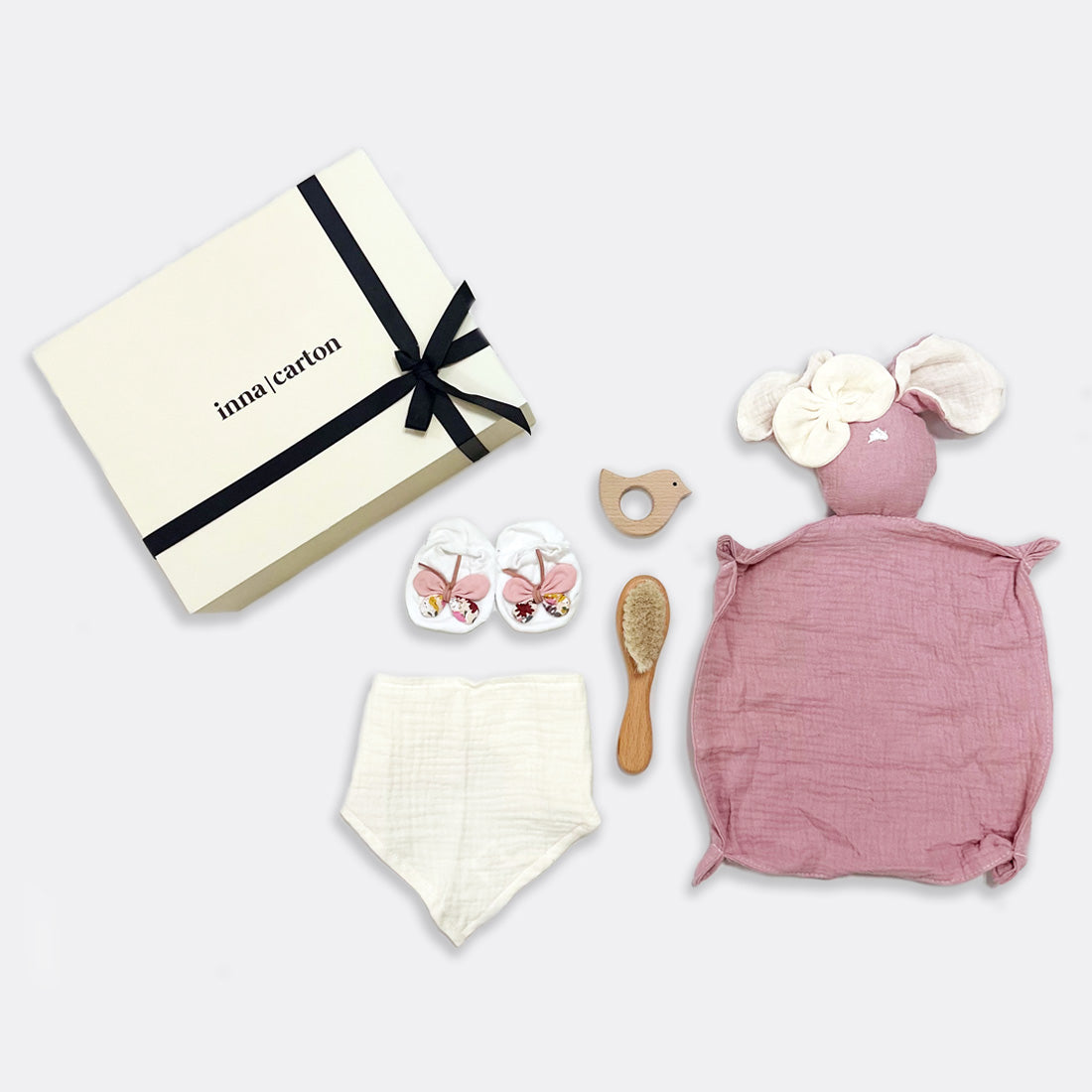 Soft Bunny |Pink Baby Brush Bandana Style Bib | Off-White Bird Teether Bow Socks | Floral (from birth up to 9 months), shop the best Christmas gift gifts for her for him from Inna carton online store dubai, UAE!