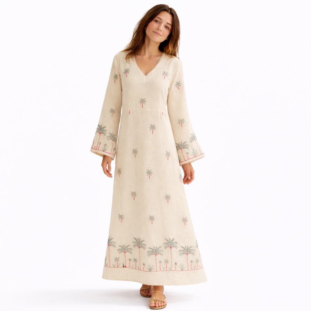 Palm Mirage Linen Embroidered Kaftan