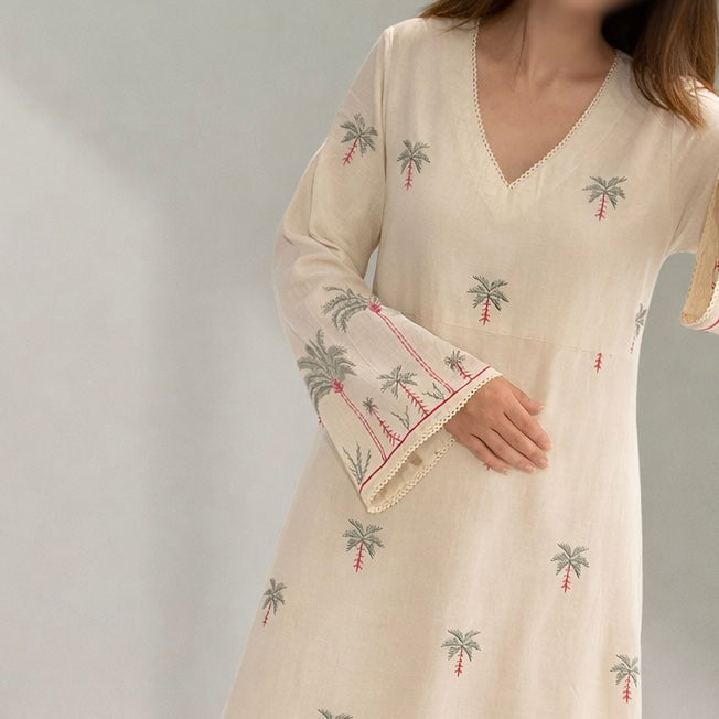 Palm Mirage Linen Embroidered Kaftan