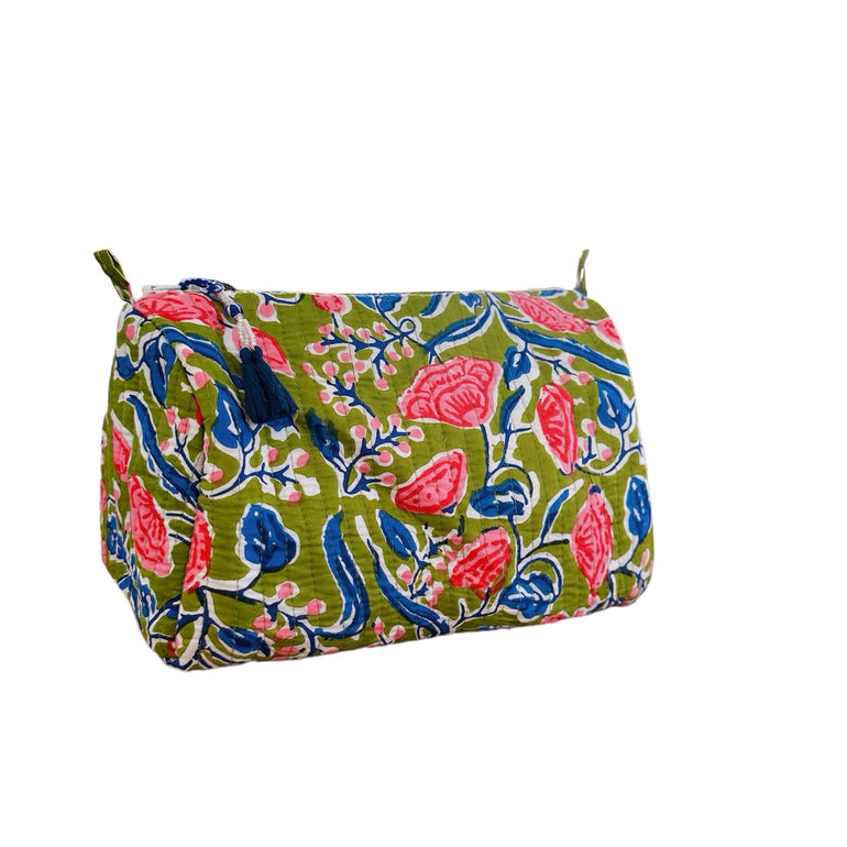 Toiletry Bag Green Tulip, 100% cotton block printed with a water-resistant lining, shop the best Christmas gift gifts for her for him from Inna carton online store dubai, UAE!