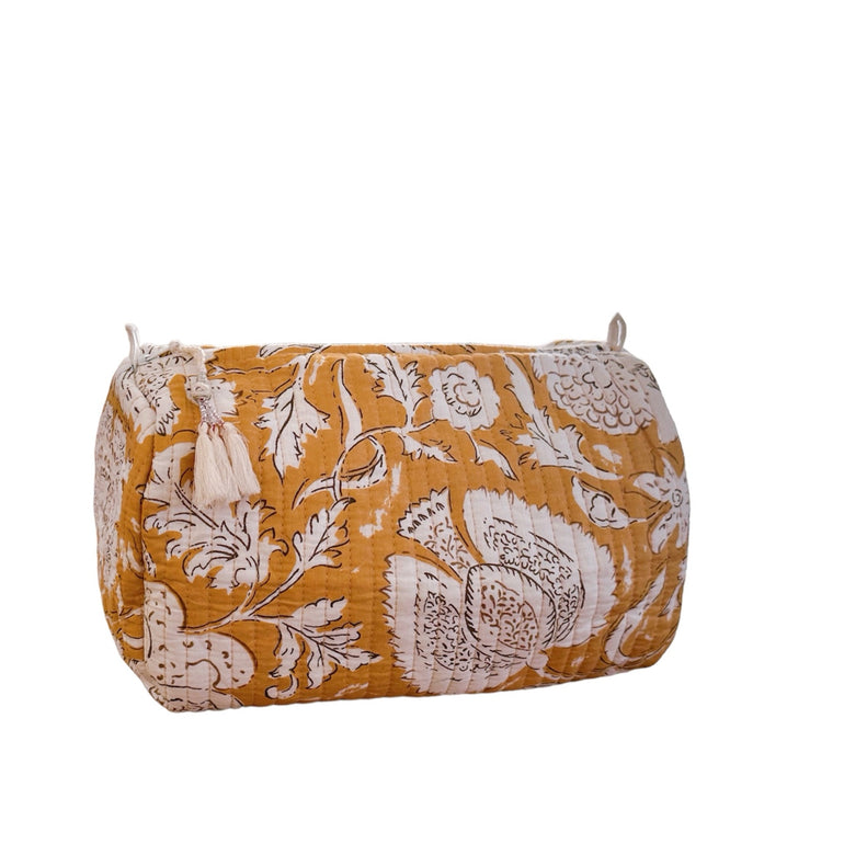 Toiletry Bag Mustard Bird, 00% cotton block printed with a water-resistant lining, shop the best Christmas gift gifts for her for him from Inna carton online store dubai, UAE!