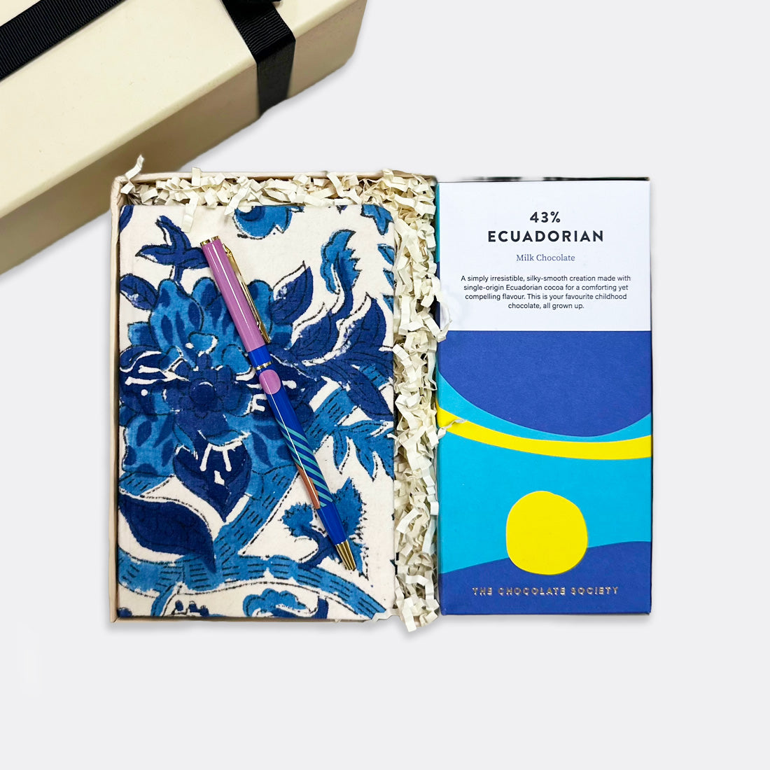 Ecuadorian Milk Chocolate Bar Floral Cotton Journal | Blue Abstract Pen, shop the best Christmas gift gifts for her for him from Inna carton online store dubai, UAE!