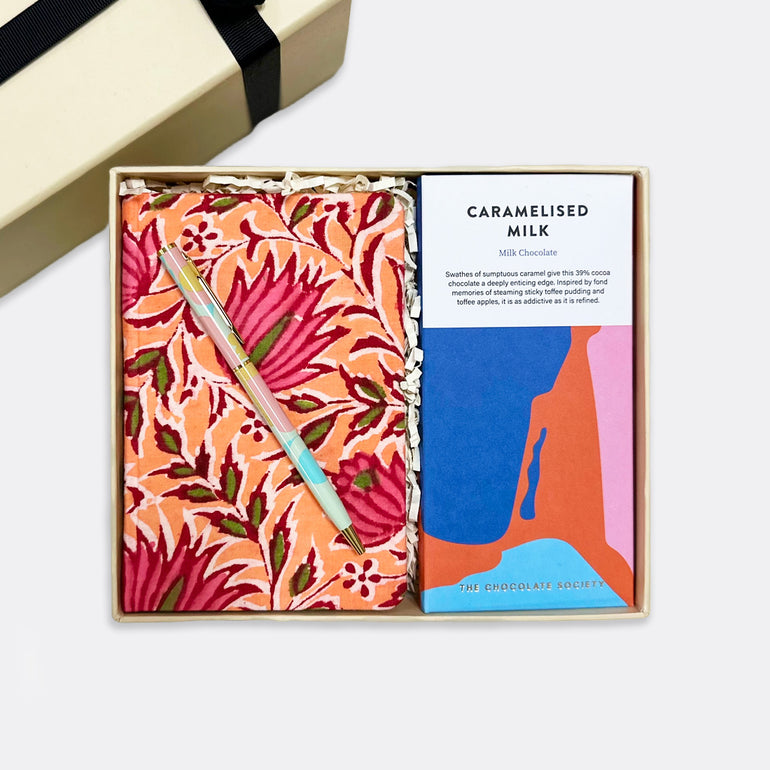 Caramelized Milk Chocolate Bar Floral Cotton Journal | Orange Abstract Pen, shop the best Christmas gift gifts for her for him from Inna carton online store dubai, UAE!