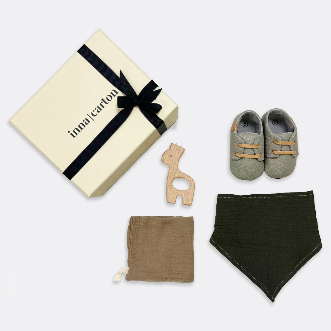Baby Beau Shoes (from 6-12 months) Bandana Style Bib | Khaki Muslin Square | Grey Gege Wooden Teether , shop the best Christmas gift gifts for her for him from Inna carton online store dubai, UAE!