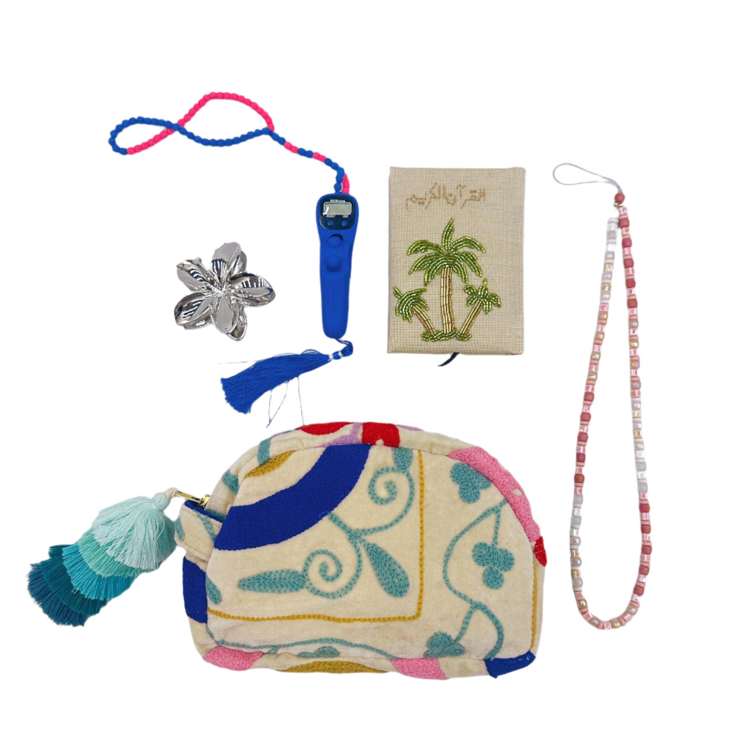 Embroidered Pouch Palm Embroidered Holy Quran Hues Phone Strap Tasbeeh Counter Aloha Claw Clip, the best ramadan customize gift and gifts for her and for him from Inna Carton online shop Dubai, UAE!