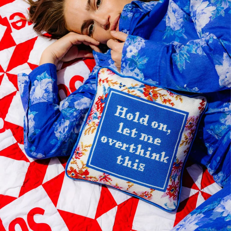 "Hold On, Let Me Overthink This" Needlepoint Pillow, the best customized gift and gifts for her and for him from Inna Carton online shop Dubai, UAE!
