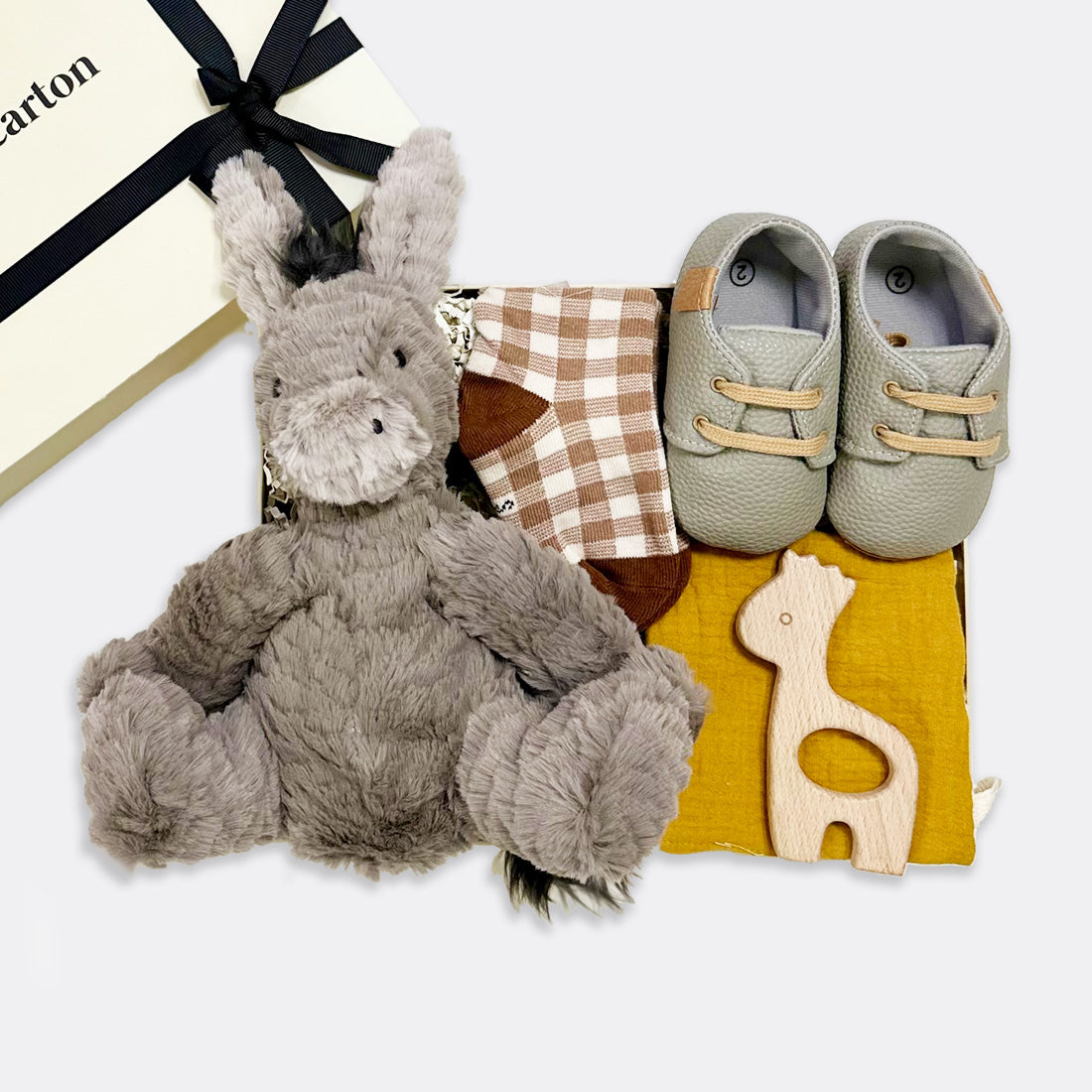 Fufflewuddle Donkey Soft Toy Baby Carreaux Socks | Tan (from 6-18 months) Muslin Square | Mustard Baby Beau Shoes (from 6-12 months) Gege Wooden Teether, shop the best Christmas gift gifts for her for him from Inna carton online store dubai, UAE!