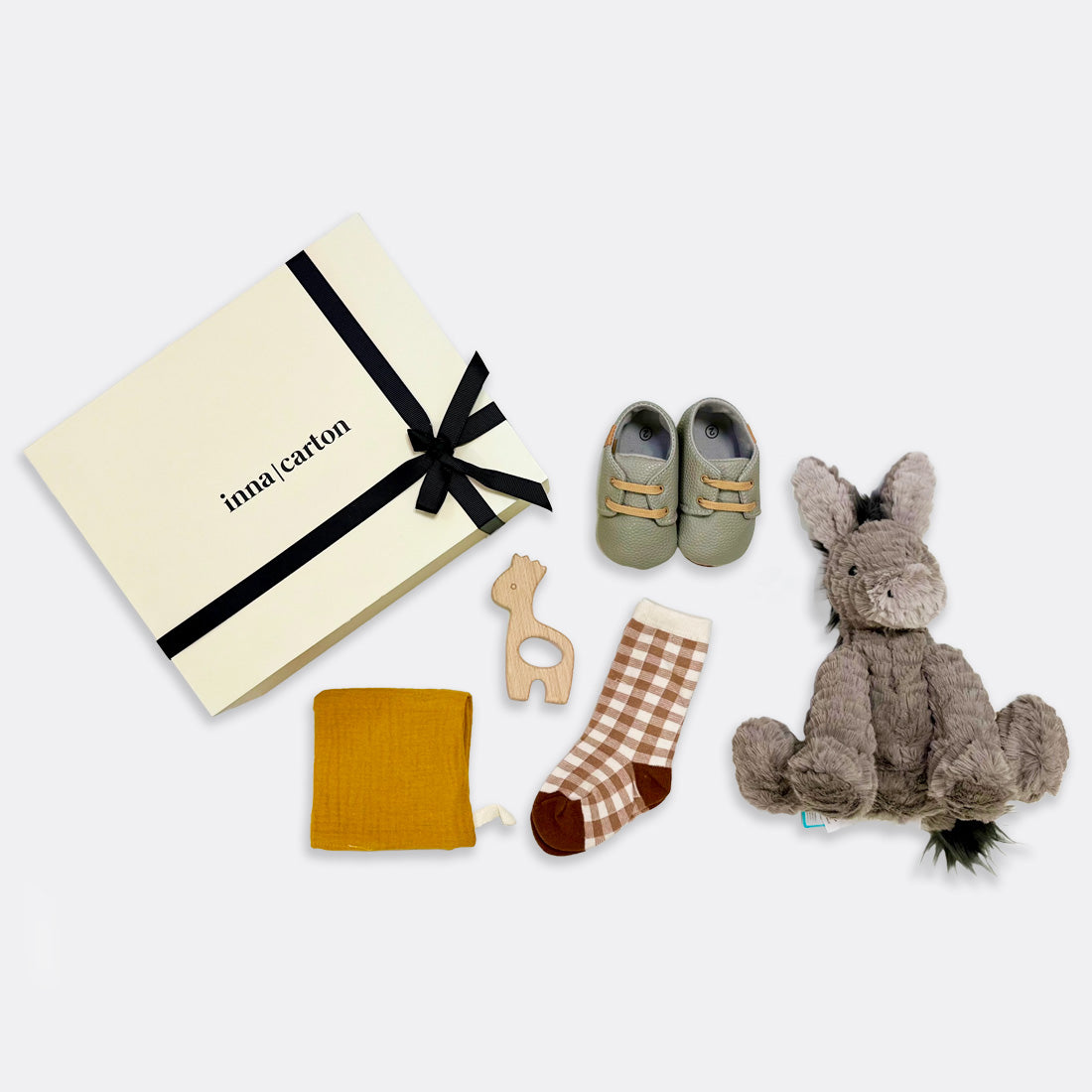 Fufflewuddle Donkey Soft Toy Baby Carreaux Socks | Tan (from 6-18 months) Muslin Square | Mustard Baby Beau Shoes (from 6-12 months) Gege Wooden Teether, shop the best Christmas gift gifts for her for him from Inna carton online store dubai, UAE!