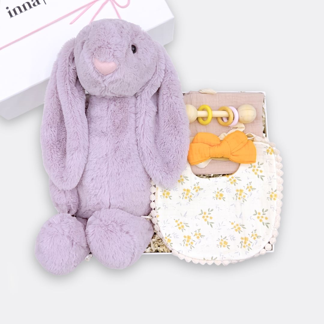 Floppy XL Ear Bunny Toy Lilac, Sweet Pompom Double Faced Cotton Bib Mimosa Yellow, Bow Elastic Headband Yellow, Wooden Ring Rattle
Muslin Cotton Square Pink, the best customized gift and gifts for her and for him from Inna Carton online shop Dubai, UAE!
