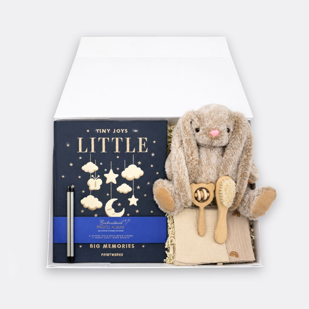 Little Miracle Embroidered Linen Photo Album, Plush Soft Bunny, Muslin Cotton Square, Wooden Baby Brush, Bear Wooden Rattle, the best customized gift and gifts for her and for him from Inna Carton online shop Dubai, UAE!
