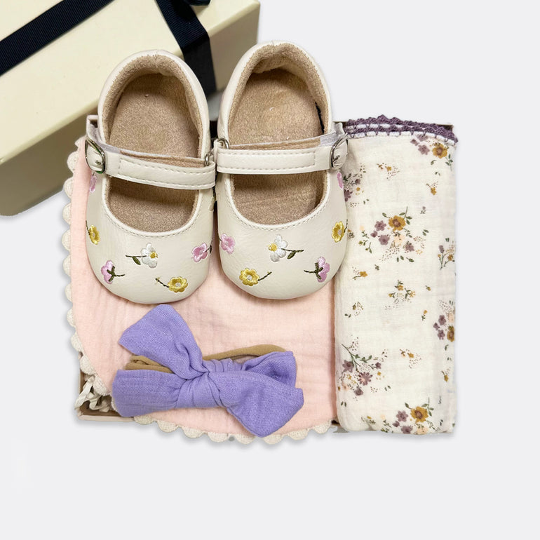 Mary Jane Embroidered Shoes (6-12 months) Scallop Bib | Pink Baby Headband | Lavender Cottage Chic Muslin Square, shop the best Christmas gift gifts for her for him from Inna carton online store dubai, UAE!