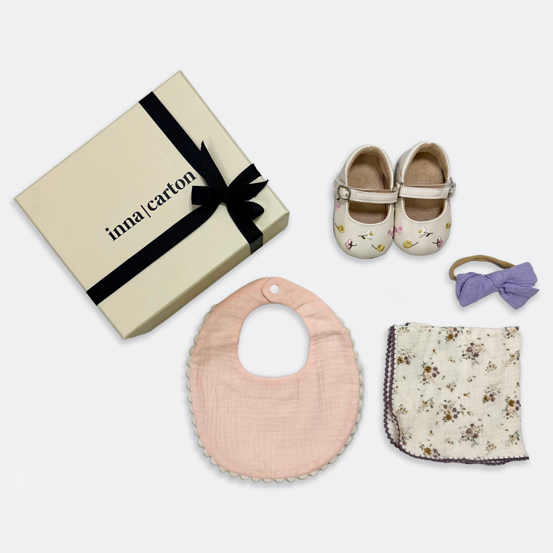 Mary Jane Embroidered Shoes (6-12 months) Scallop Bib | Pink Baby Headband | Lavender Cottage Chic Muslin Square, shop the best Christmas gift gifts for her for him from Inna carton online store dubai, UAE!