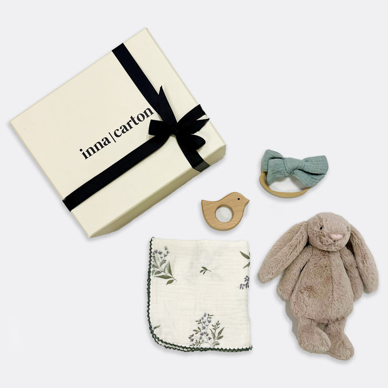 Bashful Bunny Soft Toy | Beige Bird Teether Baby Headband- Mint Cottage Chic Muslin Square , shop the best Christmas gift gifts for her for him from Inna carton online store dubai, UAE!