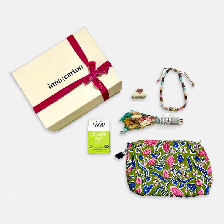 Toiletry Waterproof Bag | Green Tulip  HOPE Necklace | Semi-Precious Stones Botanical Flower Wand | Amazonite Chamomile Mint Tea Containing Mini Love Hair Clip | Pink, shop the best Valentine gift gifts for her for him from Inna carton online store Dubai, UAE!
