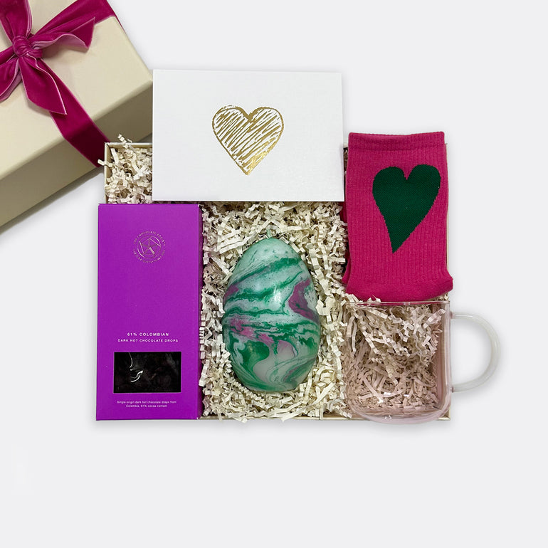 Dark Hot Chocolate Drops Marble Candle | Green  Glass Mug | Soft Pink Heart Socks, shop the best Valentine gift gifts for her for him from Inna carton online store dubai, UAE!