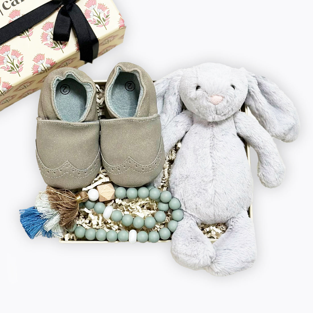 My Moccasin | Lime (suitable from 6-12months) Bashful Bunny Soft Toy | Silver First Tasbeeh Beads | Grey