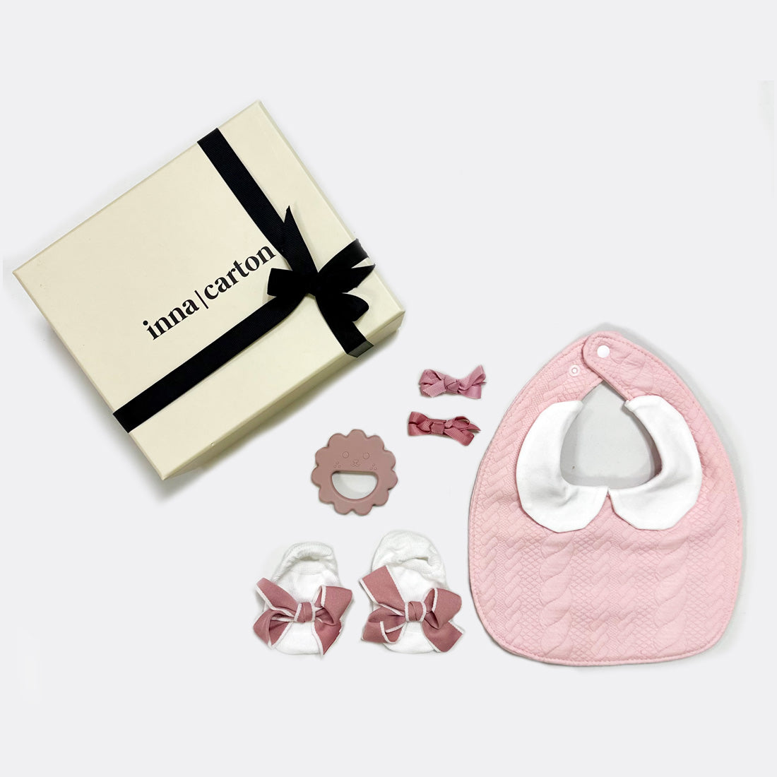 Collar Bib | Pink 2 Bow Hair Clip | Pastel Pink Flower Teether Bow Socks | Pink Suitable (from 0-9 months) , shop the best Christmas gift gifts for her for him from Inna carton online store dubai, UAE!