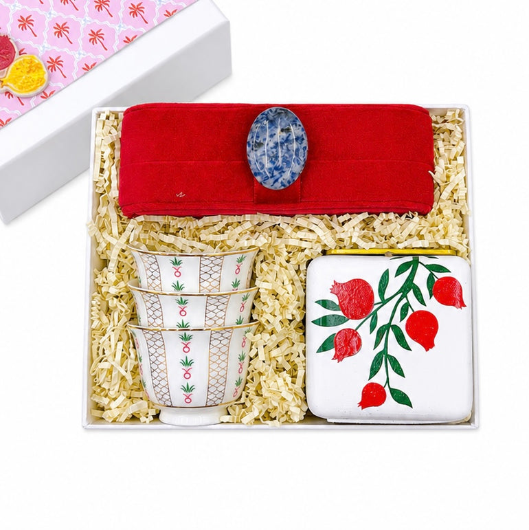 Charm Velvet Jewelry Box Rummanah Hand-painted Concrete Bakhour Burner Back To Roots Porcelain Gahwa Coffee Cups Set, the best customized gift and gifts for her and for him from Inna Carton online shop Dubai, UAE!
