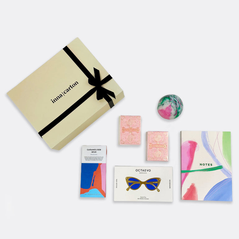 Paint Brush Notebook Caramelised Milk Chocolate Bar Gel Pen | Pastel Mint Sunglasses Bookmark 2 Standards Edition Playing Cards | Pink Marble Candle | Green, shop the best Christmas gift gifts for her for him from Inna carton online store dubai, UAE!